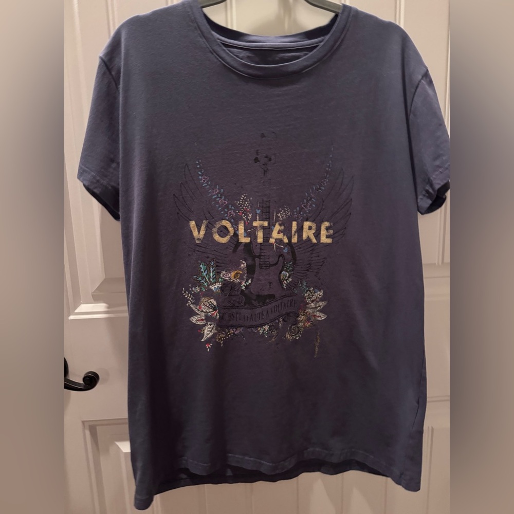 Zadig & Voltaire Charcoal Tee with Gold Logo and Floral Guitar Graphic - Picture 4 of 5